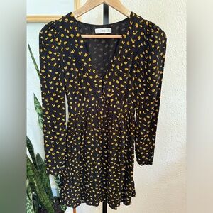 Mango dress, black with yellow print. Great with cowboy or knee high boots!